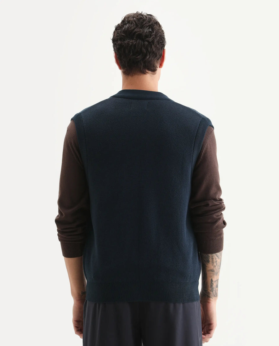 Rare Rabbit Men's Rene Dark Navy Cotton Fabric Sleeveless V-Neck Embroidered Sweater