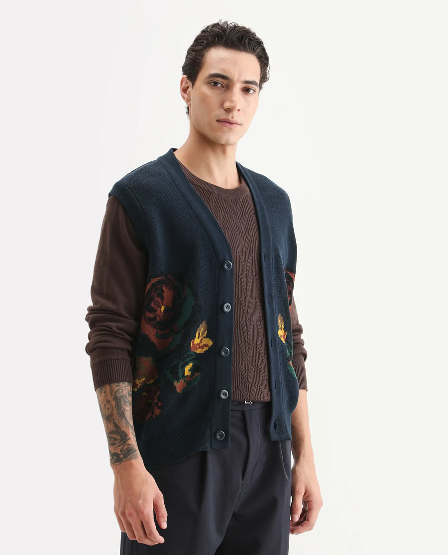 Rare Rabbit Men's Rene Dark Navy Cotton Fabric Sleeveless V-Neck Embroidered Sweater