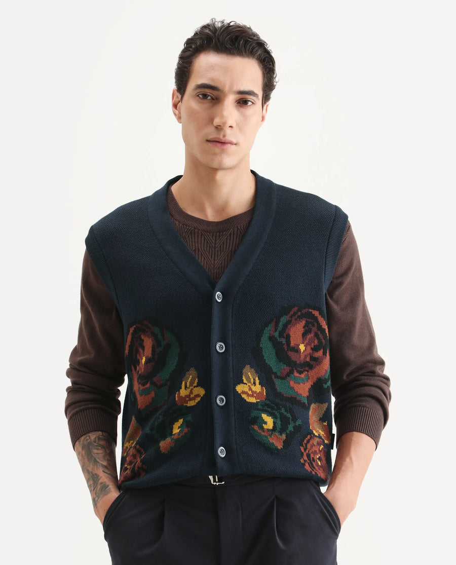 Rare Rabbit Men's Rene Dark Navy Cotton Fabric Sleeveless V-Neck Embroidered Sweater