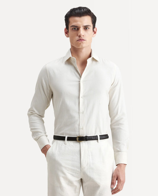 Rare Rabbit Men's Renil Off White Cotton Plain Regular Fit Full Sleeve Collared Shirt