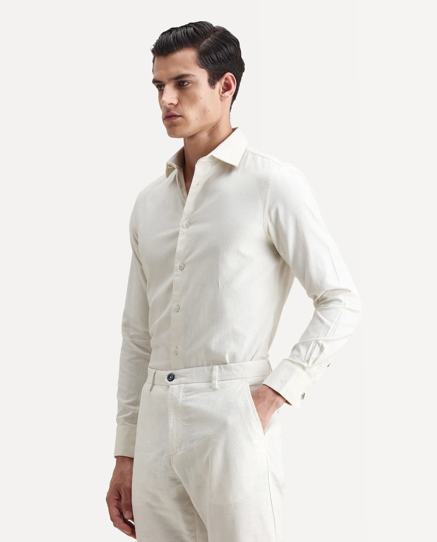 Rare Rabbit Men's Renil Off White Cotton Plain Regular Fit Full Sleeve Collared Shirt