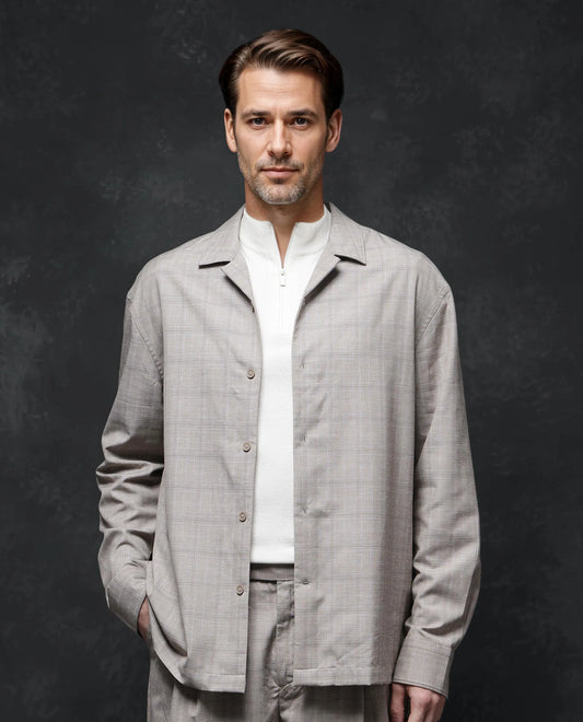 Rare Rabbit Men's Reno Beige Cotton Checked Print Regular Fit Full Sleeve Lapel Neck Shirt