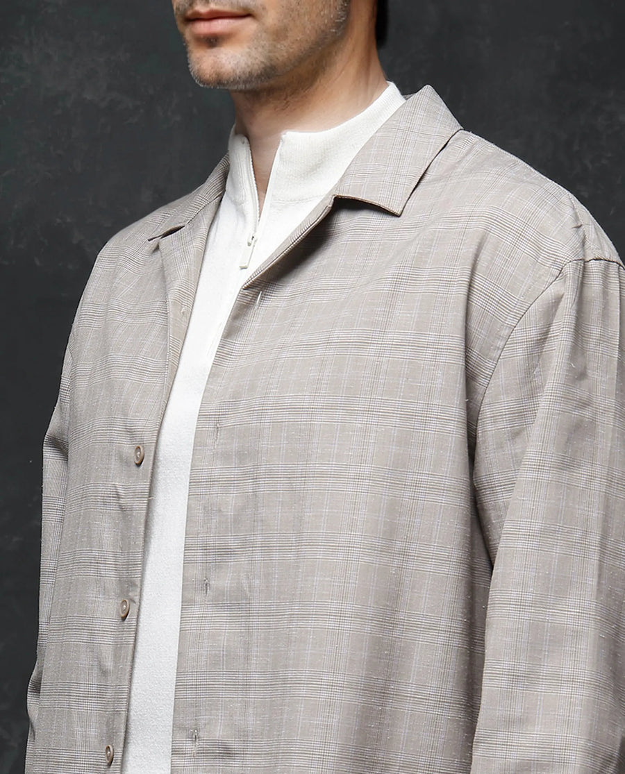 Rare Rabbit Men's Reno Beige Cotton Checked Print Regular Fit Full Sleeve Lapel Neck Shirt