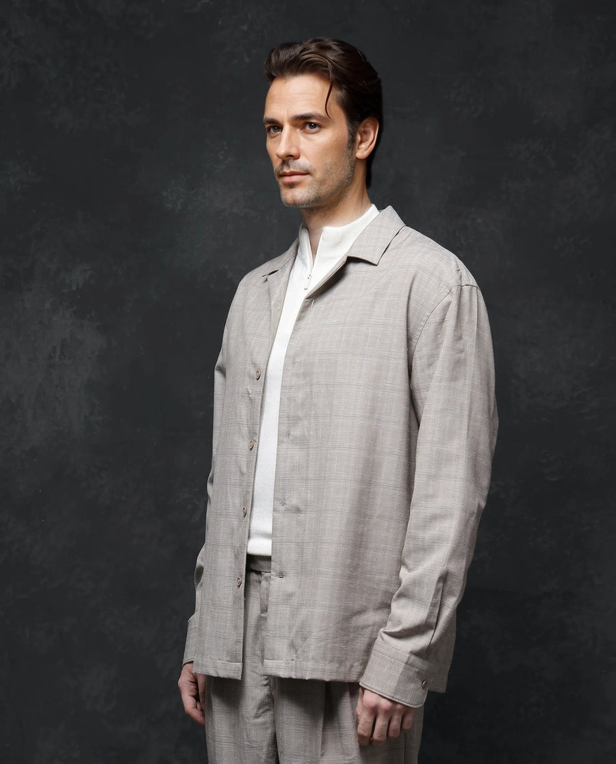 Rare Rabbit Men's Reno Beige Cotton Checked Print Regular Fit Full Sleeve Lapel Neck Shirt