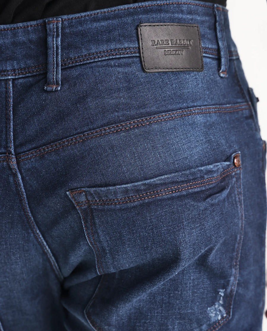 Rare Rabbit Men's Reno Blue Cotton Plain Hawk Slim Fit Jeans