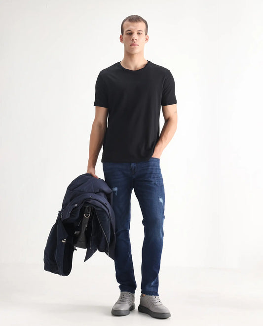 Rare Rabbit Men's Reno Blue Cotton Plain Hawk Slim Fit Jeans