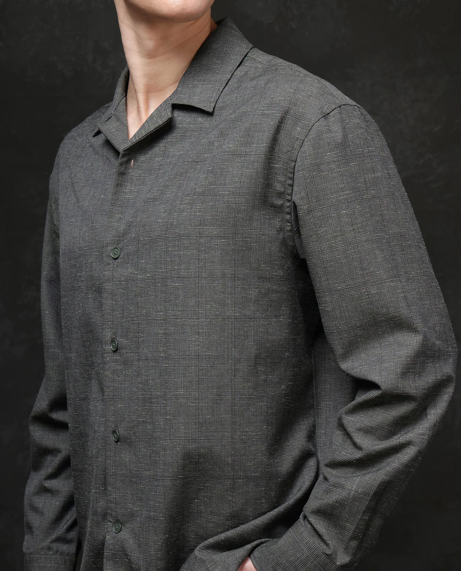 Rare Rabbit Men's Reno Dark Green Cotton Checked Print Regular Fit Full Sleeve Lapel Neck Shirt