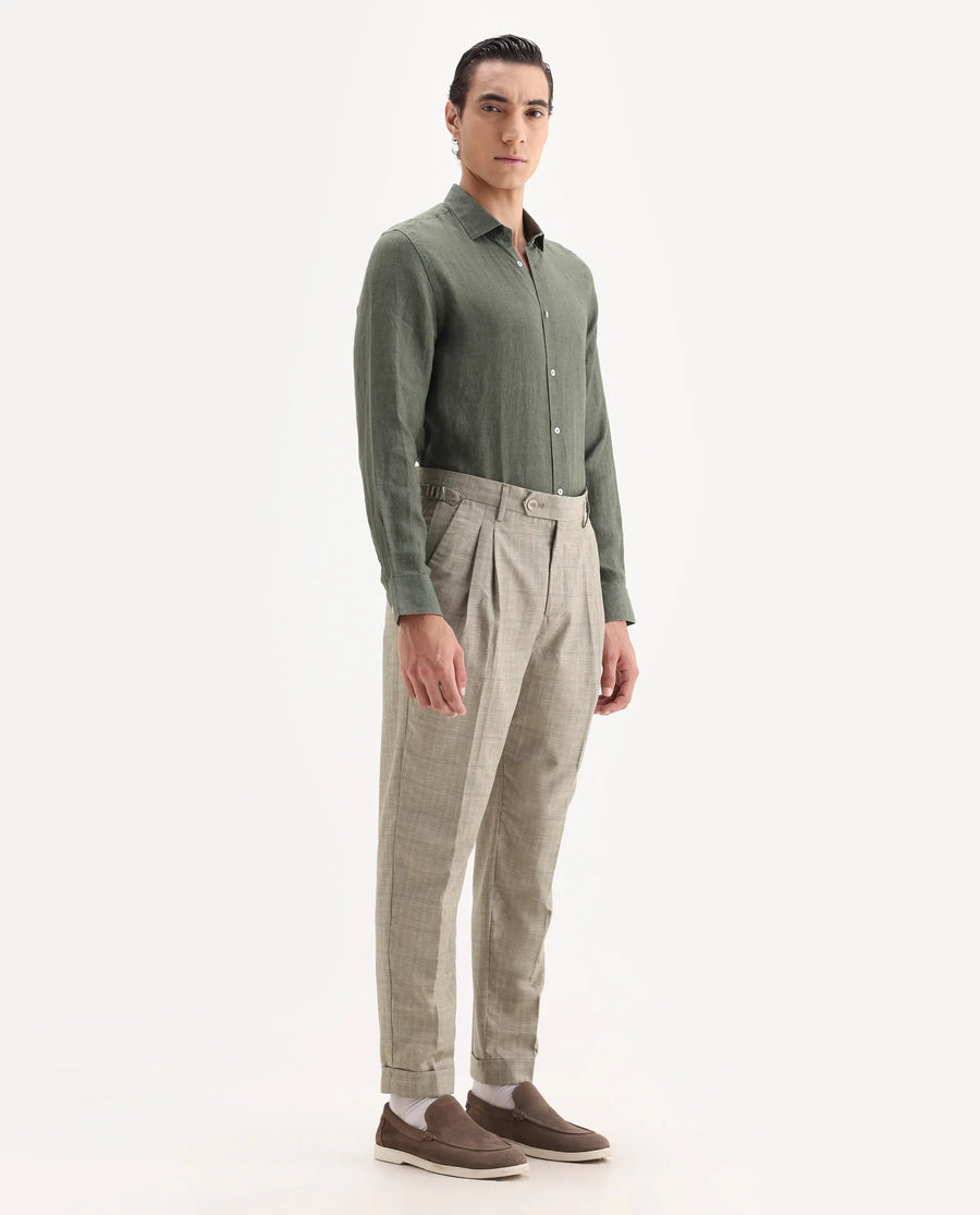 Rare Rabbit Men's Renot Beige Cotton Checked Print Regular Fit Trouser