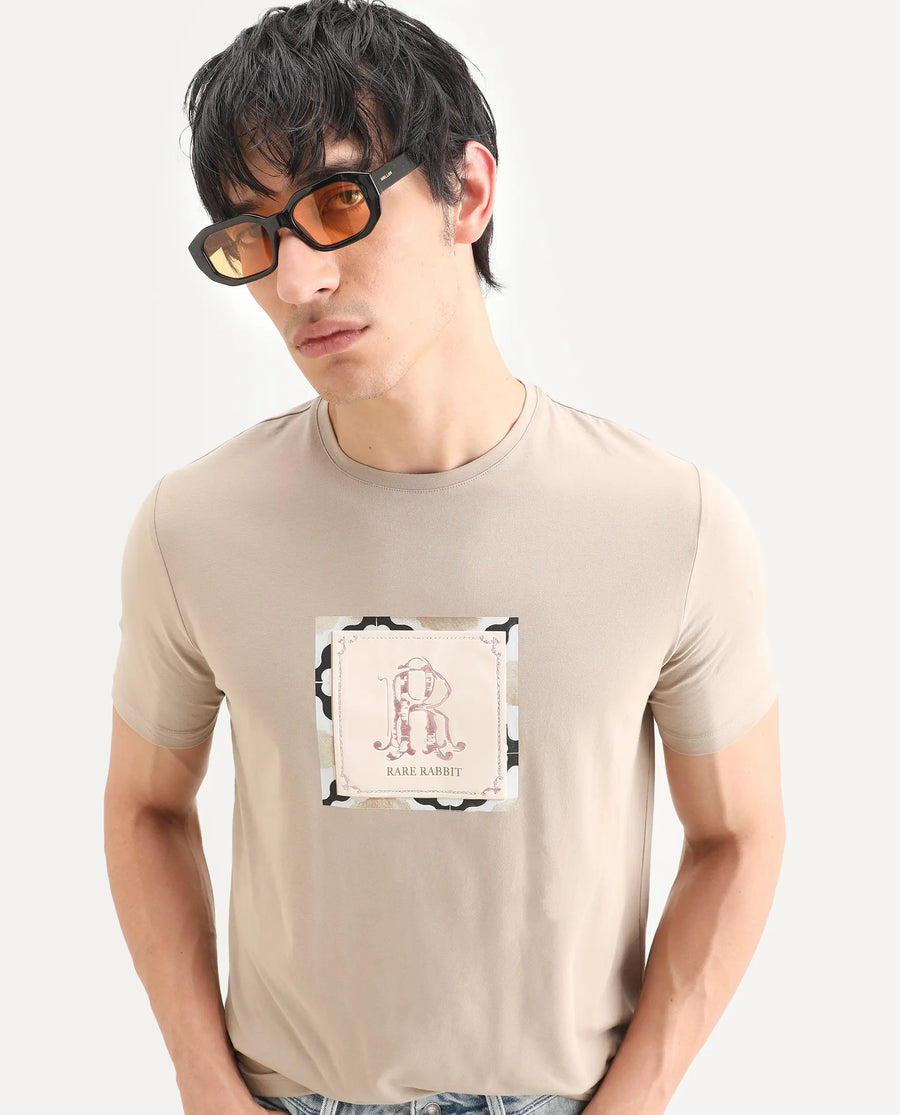 Rare Rabbit Men's Rent Beige Cotton Blend Fabric Half Sleeve Crew Neck Regular Fit Graphic Print T-Shirt