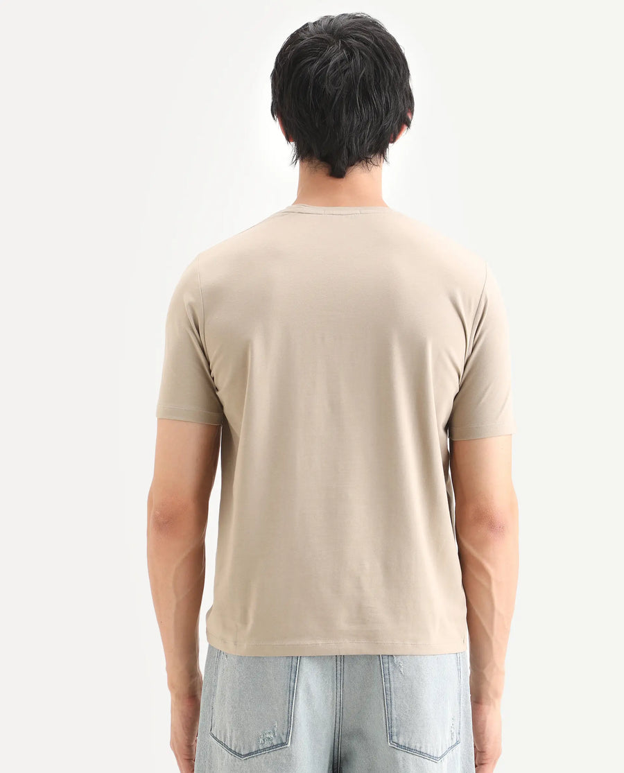 Rare Rabbit Men's Rent Beige Cotton Blend Fabric Half Sleeve Crew Neck Regular Fit Graphic Print T-Shirt
