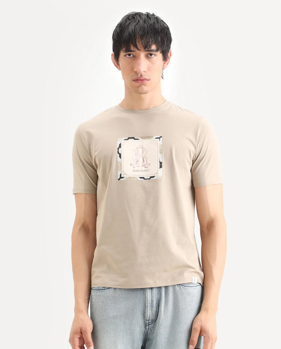 Rare Rabbit Men's Rent Beige Cotton Blend Fabric Half Sleeve Crew Neck Regular Fit Graphic Print T-Shirt