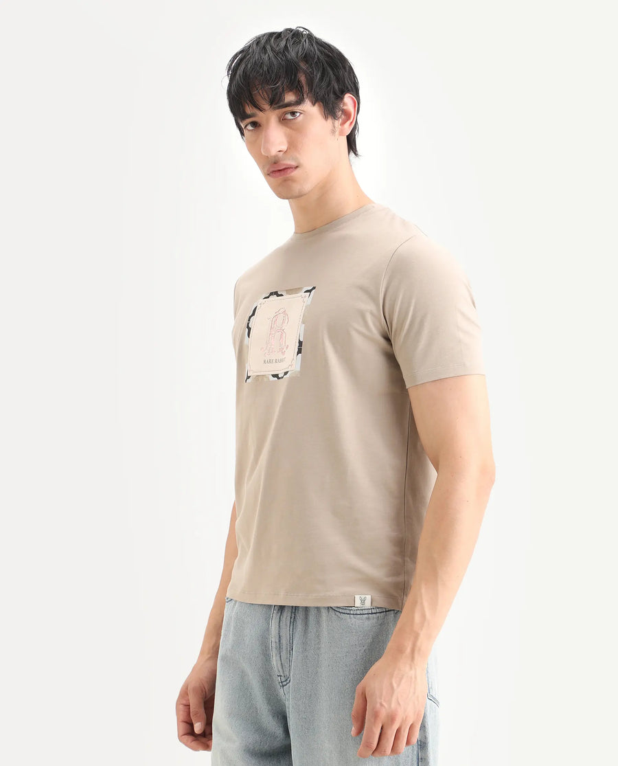 Rare Rabbit Men's Rent Beige Cotton Blend Fabric Half Sleeve Crew Neck Regular Fit Graphic Print T-Shirt
