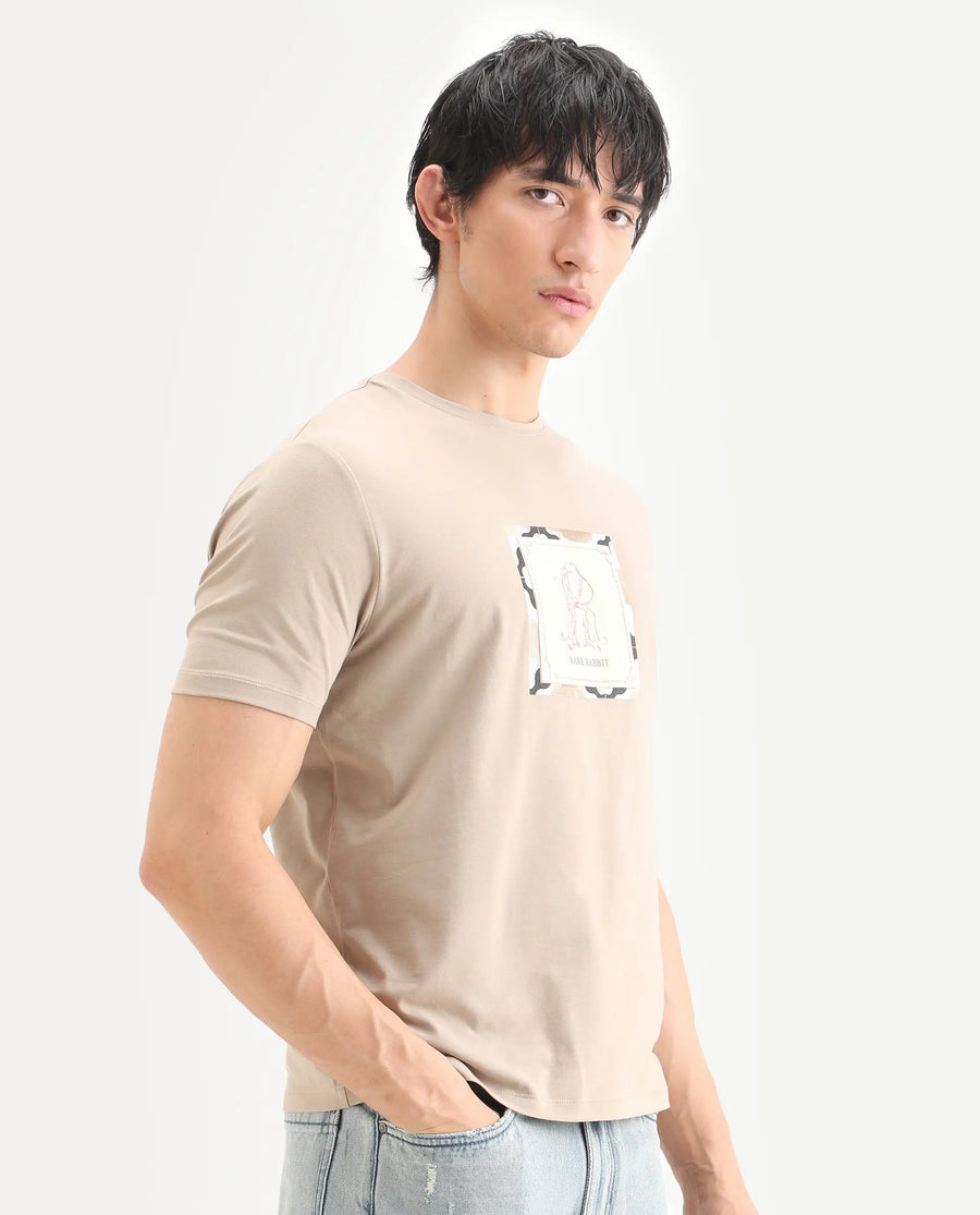 Rare Rabbit Men's Rent Beige Cotton Blend Fabric Half Sleeve Crew Neck Regular Fit Graphic Print T-Shirt