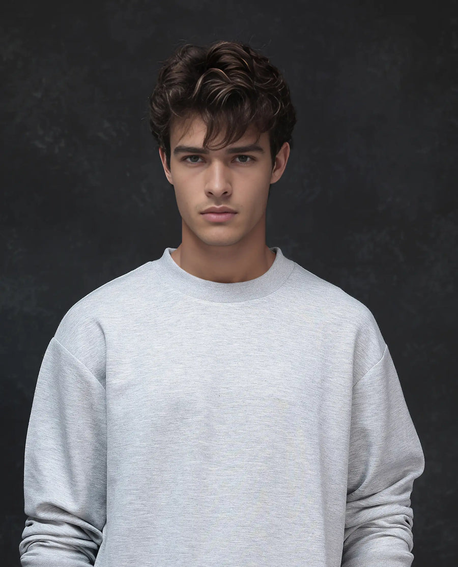 Rare Rabbit Men's Renzi Melange Grey Modal Plain Boxy Fit Full Sleeve Crew Neck Sweatshirt