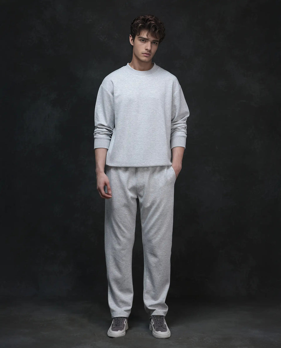 Rare Rabbit Men's Renzi Melange Grey Modal Plain Boxy Fit Full Sleeve Crew Neck Sweatshirt
