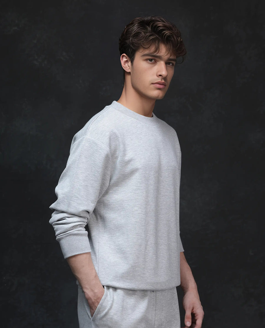 Rare Rabbit Men's Renzi Melange Grey Modal Plain Boxy Fit Full Sleeve Crew Neck Sweatshirt