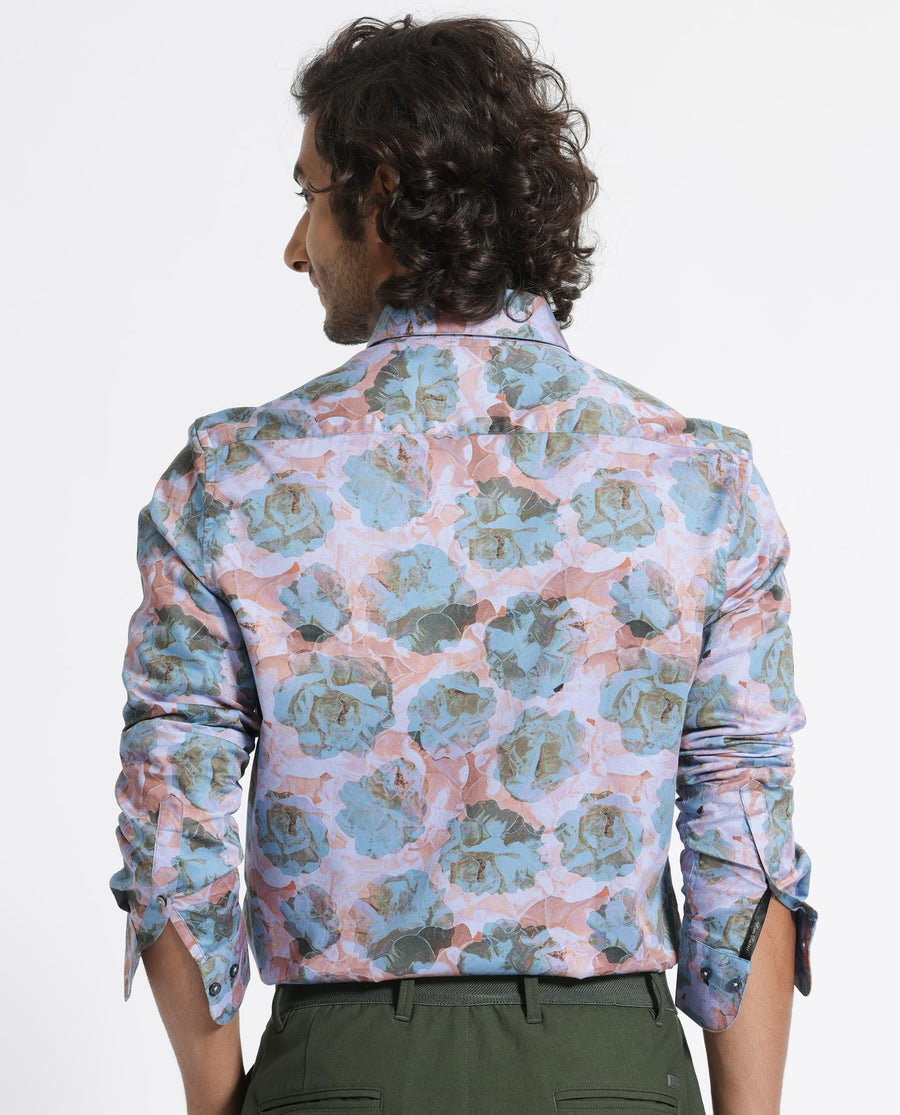Rare Rabbit Men's Renzoo Blue Cotton Floral Print Regular Fit Full Sleeve Collared Shirt