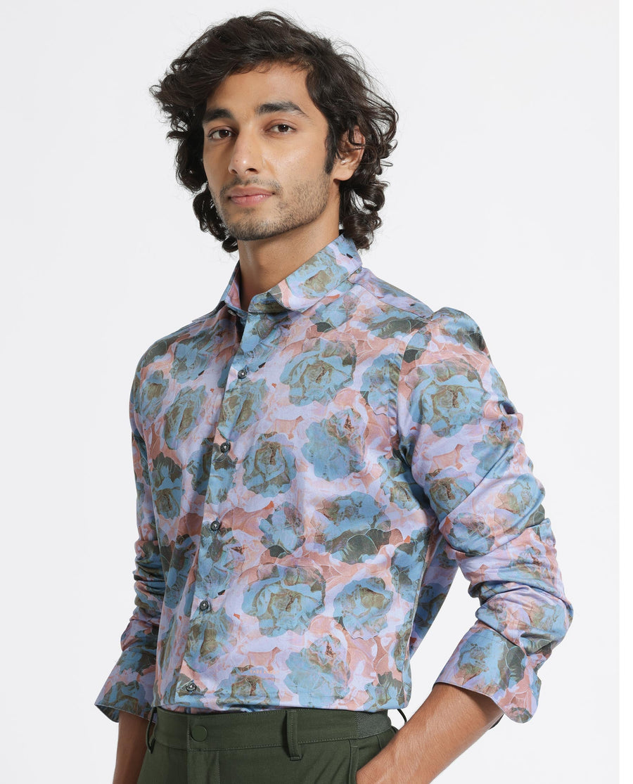Rare Rabbit Men's Renzoo Blue Cotton Floral Print Regular Fit Full Sleeve Collared Shirt
