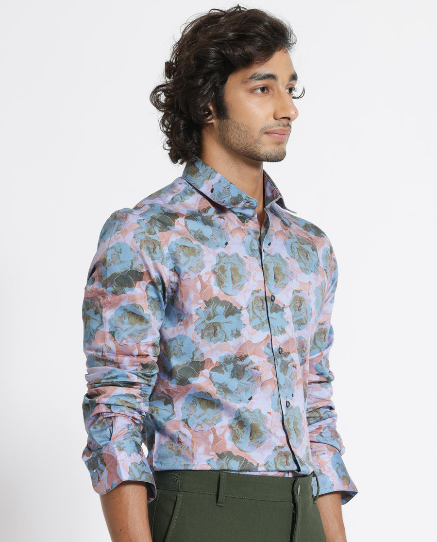 Rare Rabbit Men's Renzoo Blue Cotton Floral Print Regular Fit Full Sleeve Collared Shirt