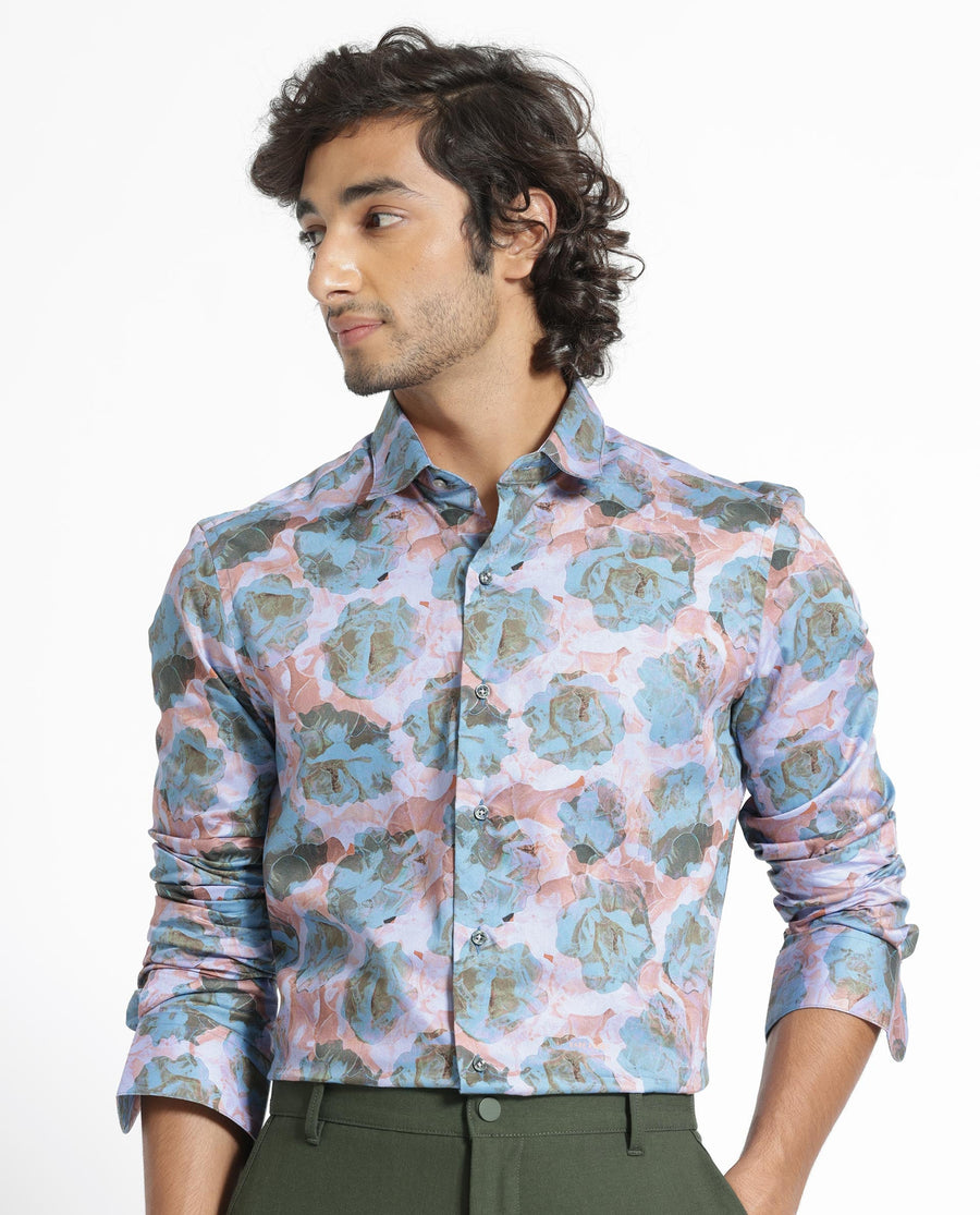 Rare Rabbit Men's Renzoo Blue Cotton Floral Print Regular Fit Full Sleeve Collared Shirt