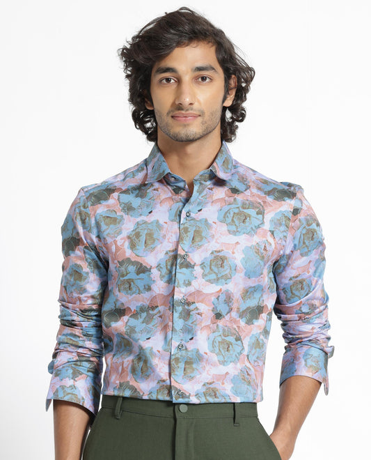 Rare Rabbit Men's Renzoo Blue Cotton Floral Print Regular Fit Full Sleeve Collared Shirt