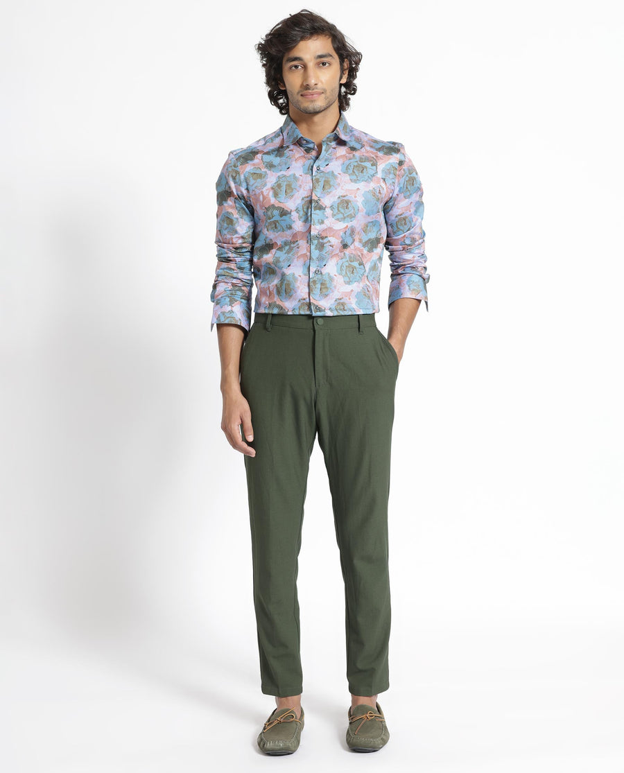 Rare Rabbit Men's Renzoo Blue Cotton Floral Print Regular Fit Full Sleeve Collared Shirt