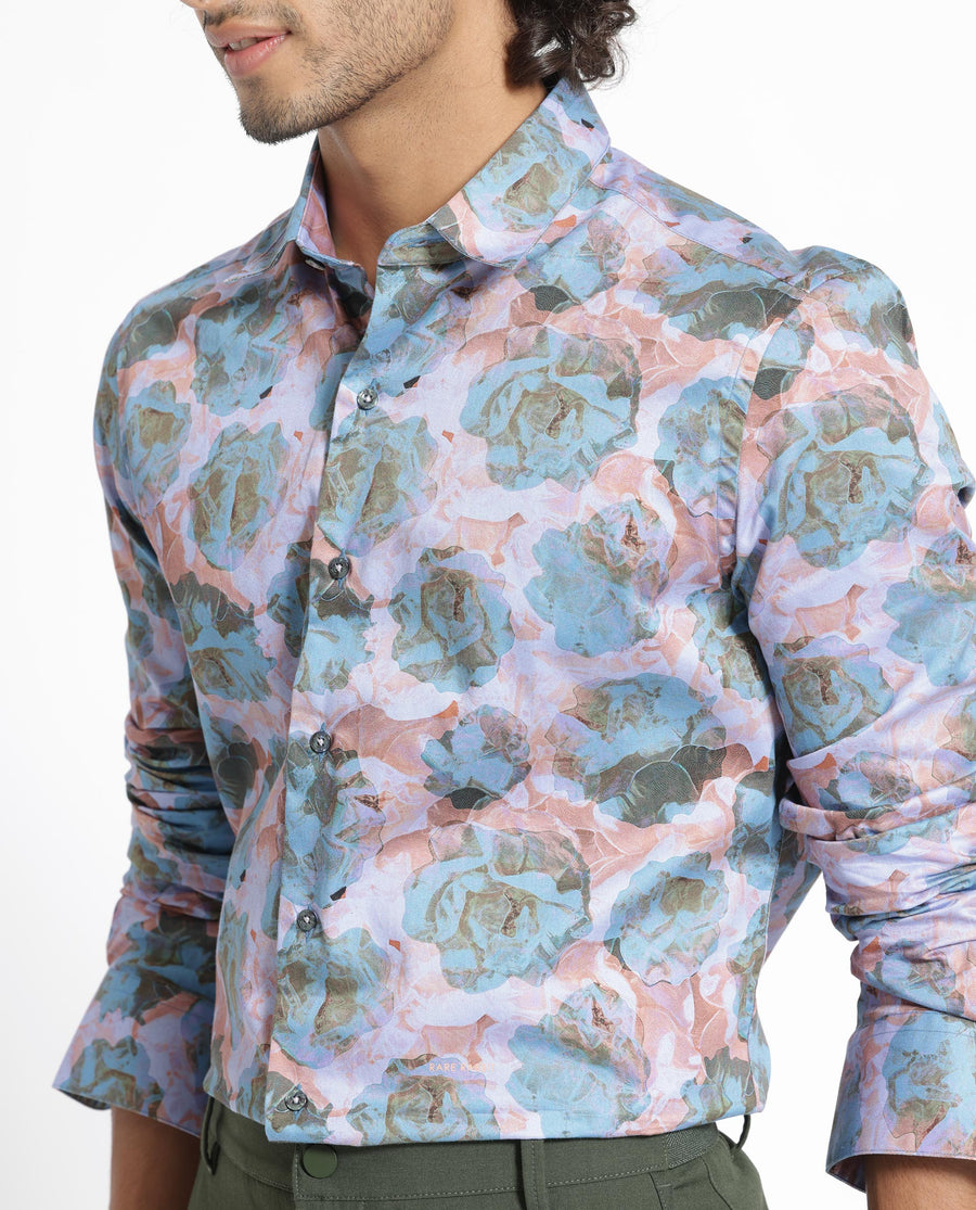 Rare Rabbit Men's Renzoo Blue Cotton Floral Print Regular Fit Full Sleeve Collared Shirt