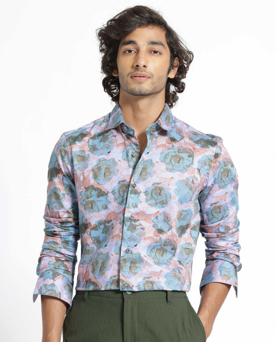 Rare Rabbit Men's Renzoo Blue Cotton Floral Print Regular Fit Full Sleeve Collared Shirt
