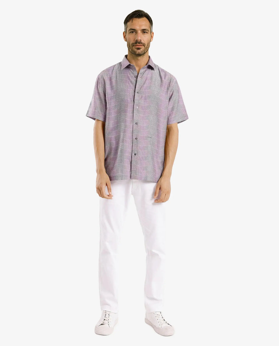Rare Rabbit Men's Renz Purple Viscose Abstract Print Boxy Fit Half Sleeve Collared Shirt