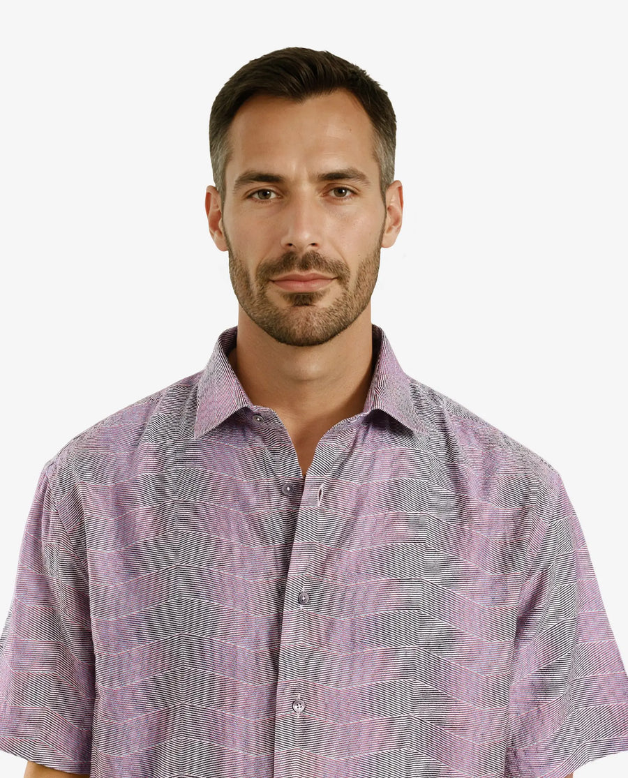 Rare Rabbit Men's Renz Purple Viscose Abstract Print Boxy Fit Half Sleeve Collared Shirt