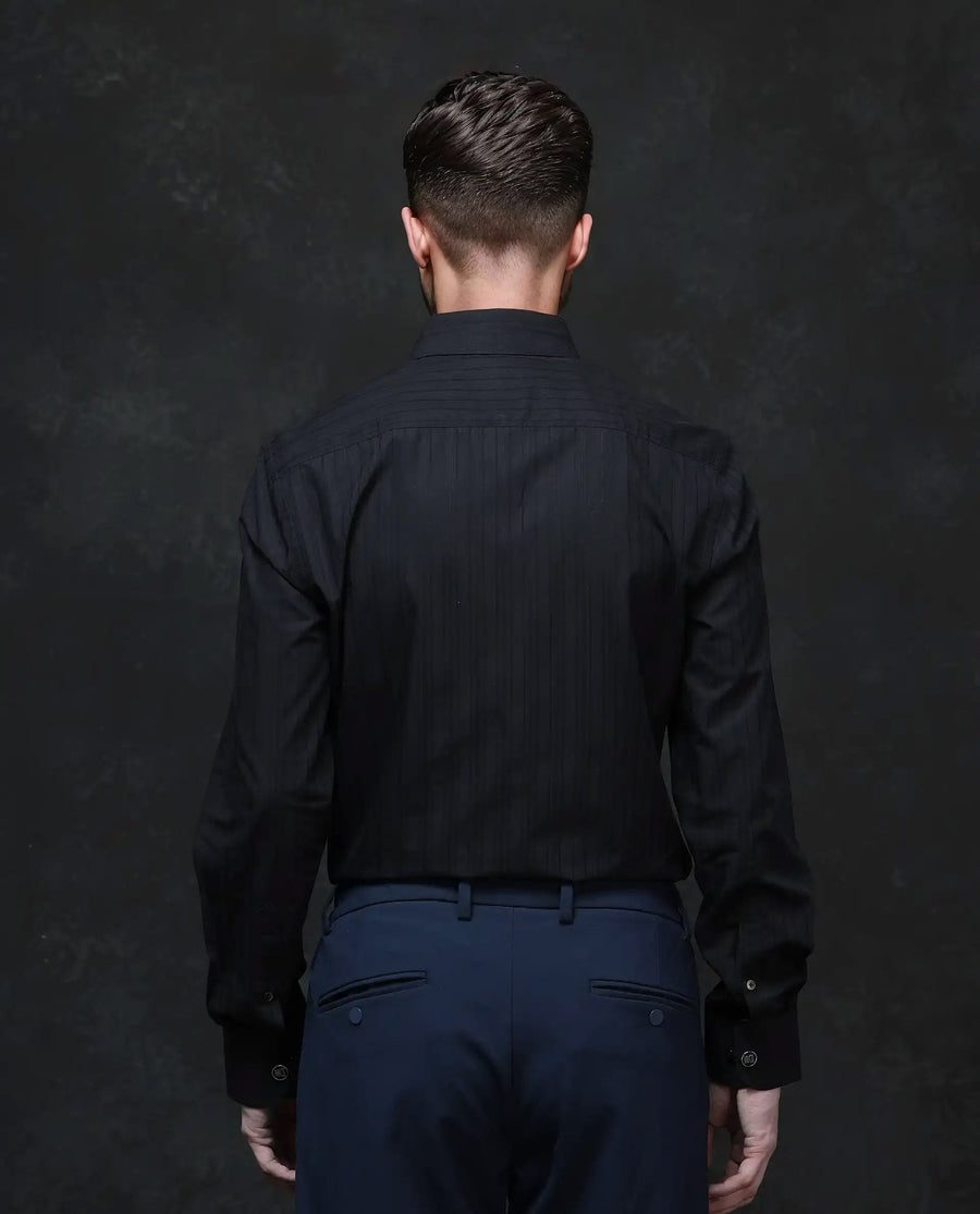 Rare Rabbit Men's Repo Black Cotton Striped Print Regular Fit Full Sleeve Collared Shirt
