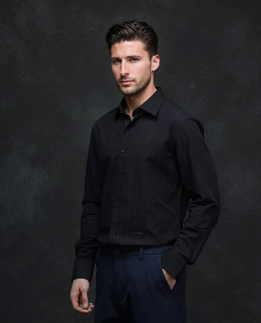 Rare Rabbit Men's Repo Black Cotton Striped Print Regular Fit Full Sleeve Collared Shirt