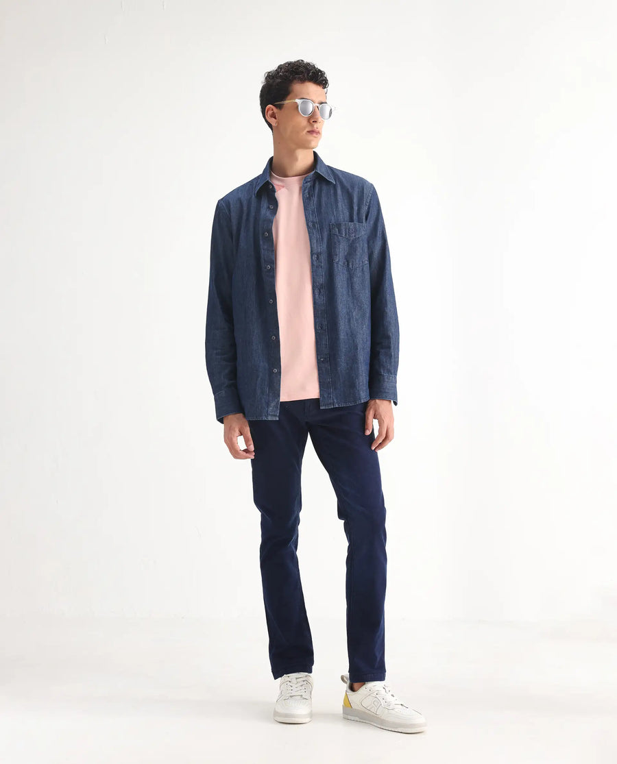 Rare Rabbit Men's Repp Blue Cotton Plain Hawk Slim Fit Jeans