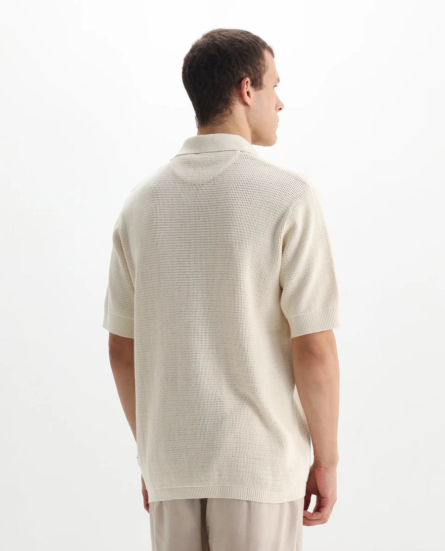 Rare Rabbit Men's Rera Off White Cotton Blend Textured Oversized Fit Half Sleeve Polo