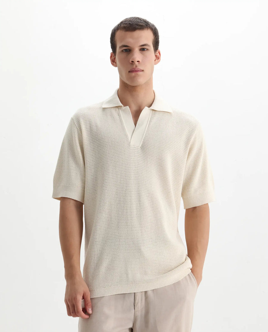 Rare Rabbit Men's Rera Off White Cotton Blend Textured Oversized Fit Half Sleeve Polo