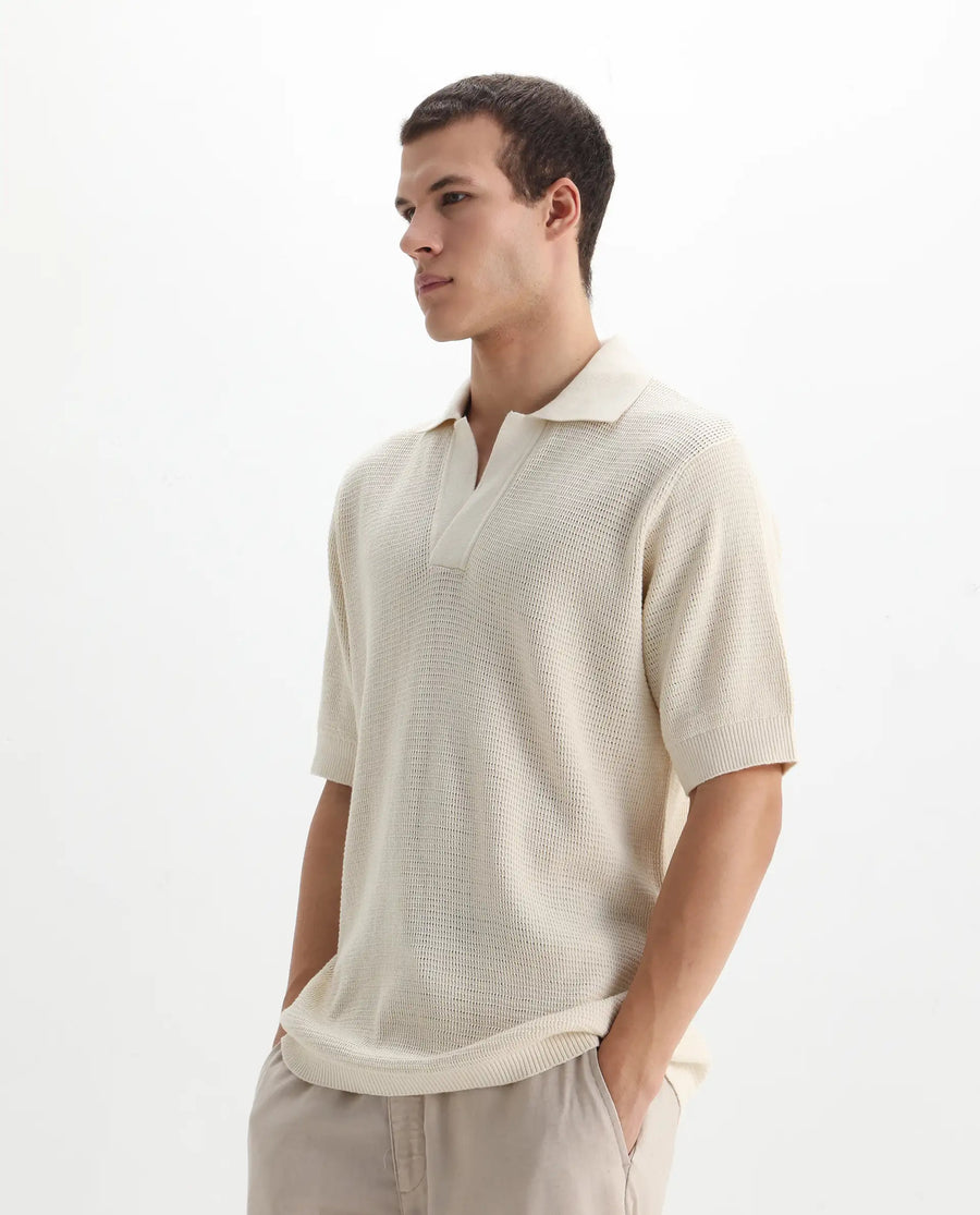 Rare Rabbit Men's Rera Off White Cotton Blend Textured Oversized Fit Half Sleeve Polo