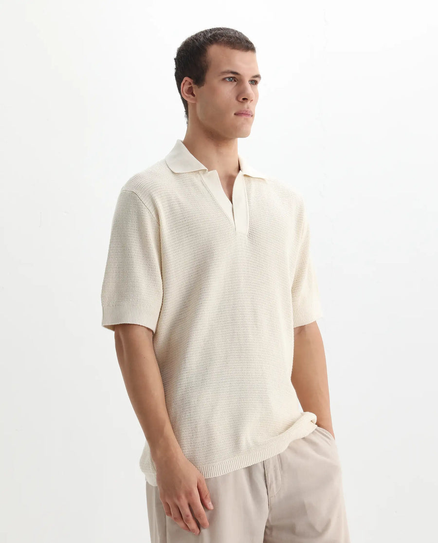 Rare Rabbit Men's Rera Off White Cotton Blend Textured Oversized Fit Half Sleeve Polo