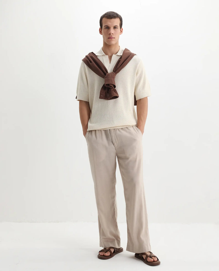 Rare Rabbit Men's Rera Off White Cotton Blend Textured Oversized Fit Half Sleeve Polo