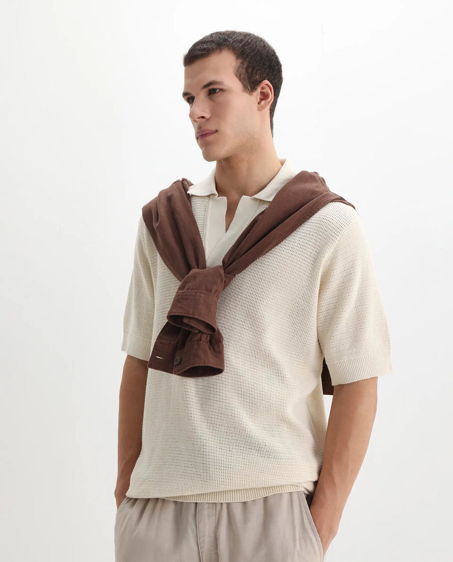 Rare Rabbit Men's Rera Off White Cotton Blend Textured Oversized Fit Half Sleeve Polo