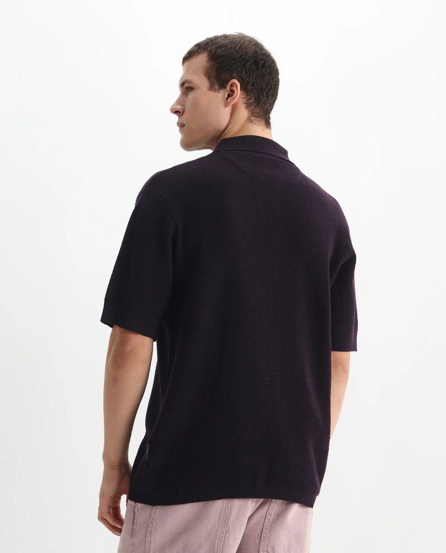 Rare Rabbit Men's Rera Dark Purple Cotton Blend Textured Oversized Fit Half Sleeve Polo