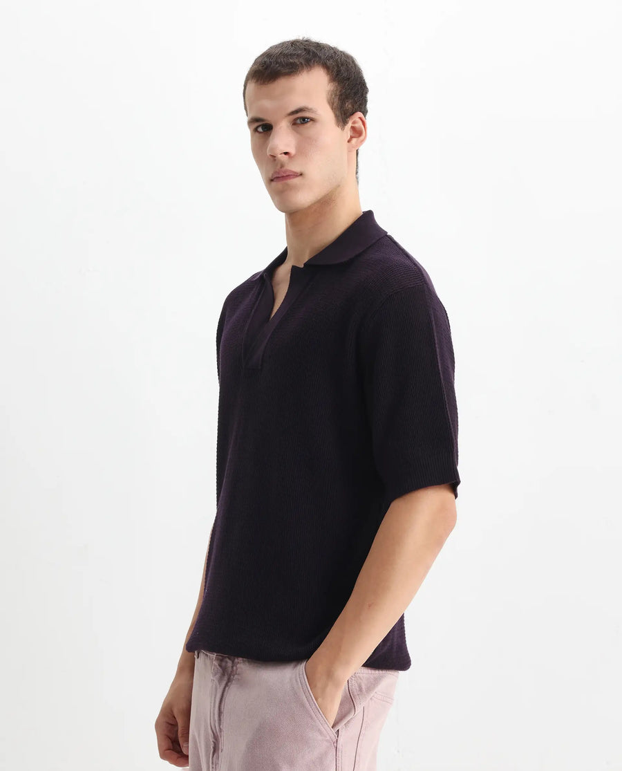 Rare Rabbit Men's Rera Dark Purple Cotton Blend Textured Oversized Fit Half Sleeve Polo