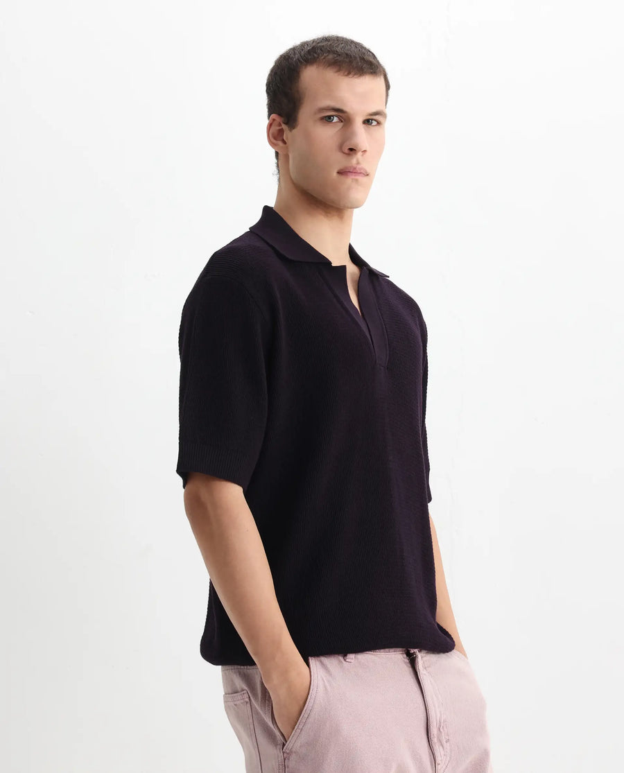 Rare Rabbit Men's Rera Dark Purple Cotton Blend Textured Oversized Fit Half Sleeve Polo