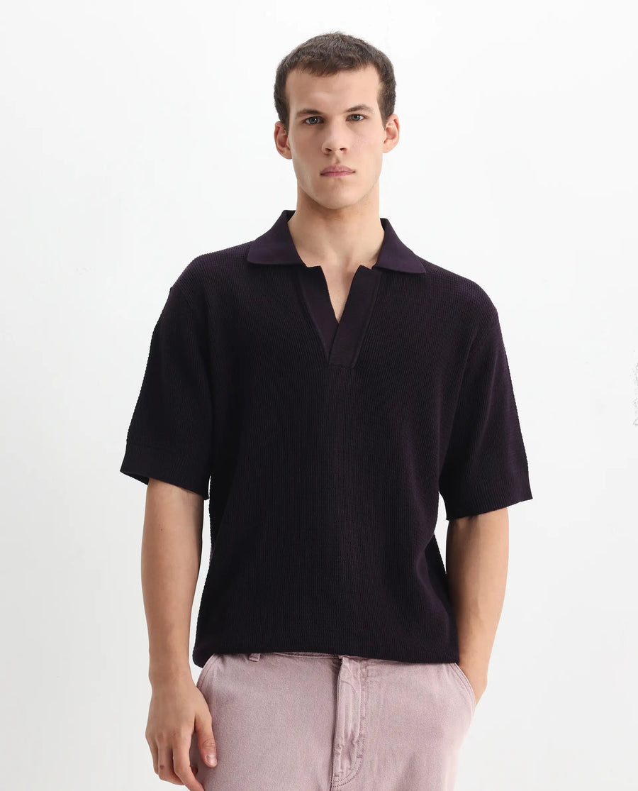 Rare Rabbit Men's Rera Dark Purple Cotton Blend Textured Oversized Fit Half Sleeve Polo
