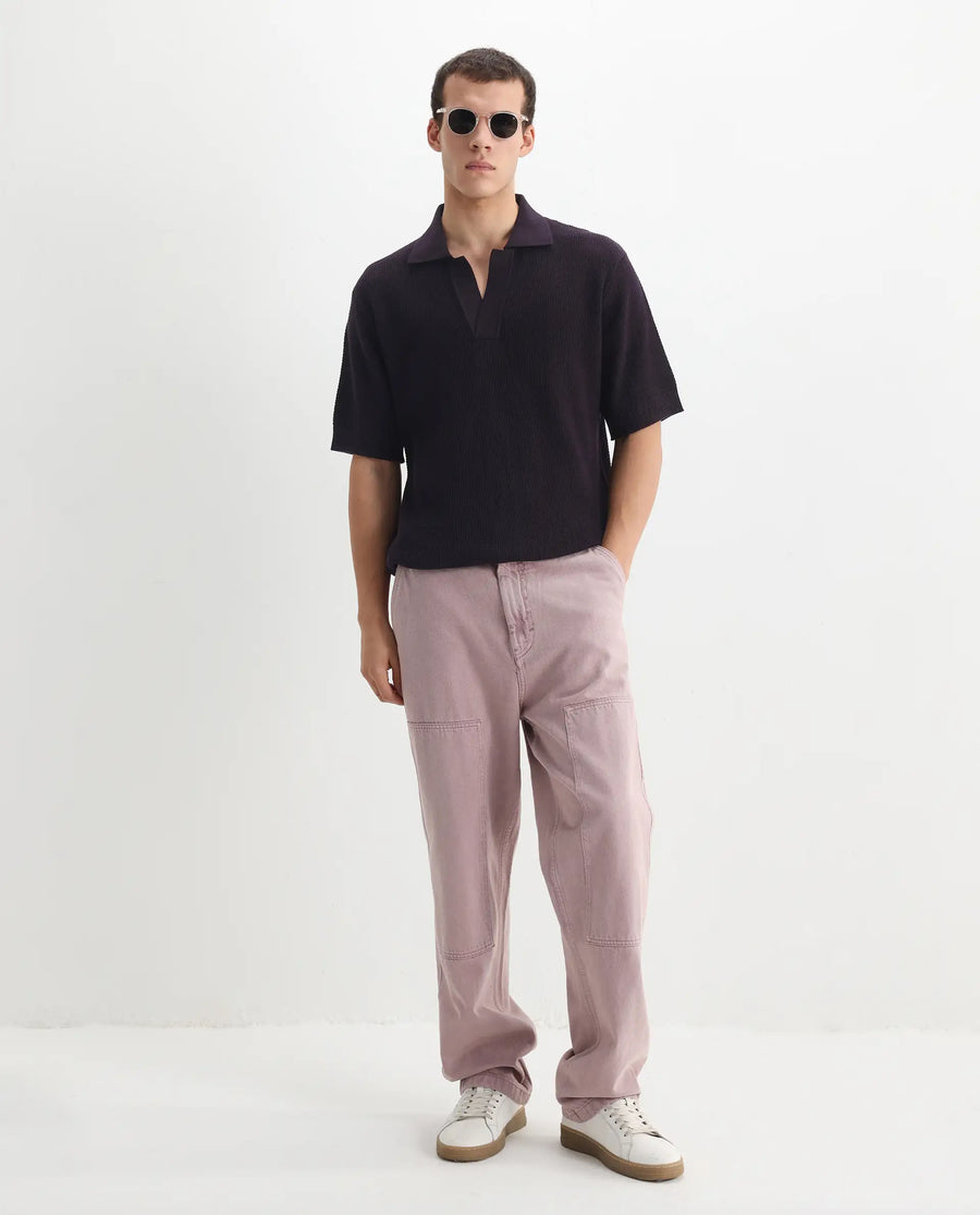 Rare Rabbit Men's Rera Dark Purple Cotton Blend Textured Oversized Fit Half Sleeve Polo