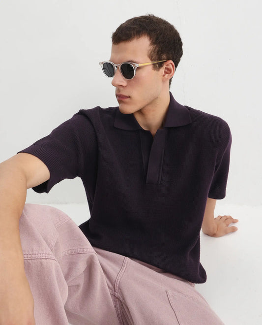 Rare Rabbit Men's Rera Dark Purple Cotton Blend Textured Oversized Fit Half Sleeve Polo