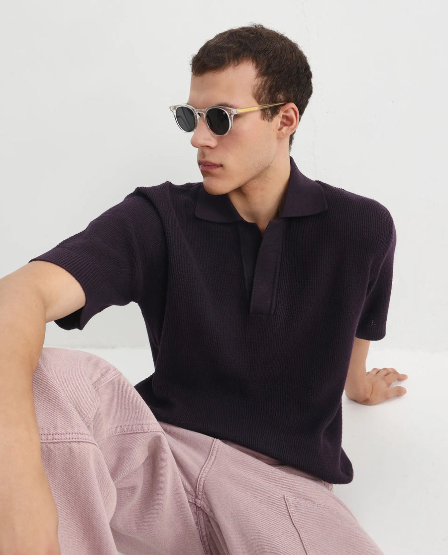 Rare Rabbit Men's Rera Dark Purple Cotton Blend Textured Oversized Fit Half Sleeve Polo