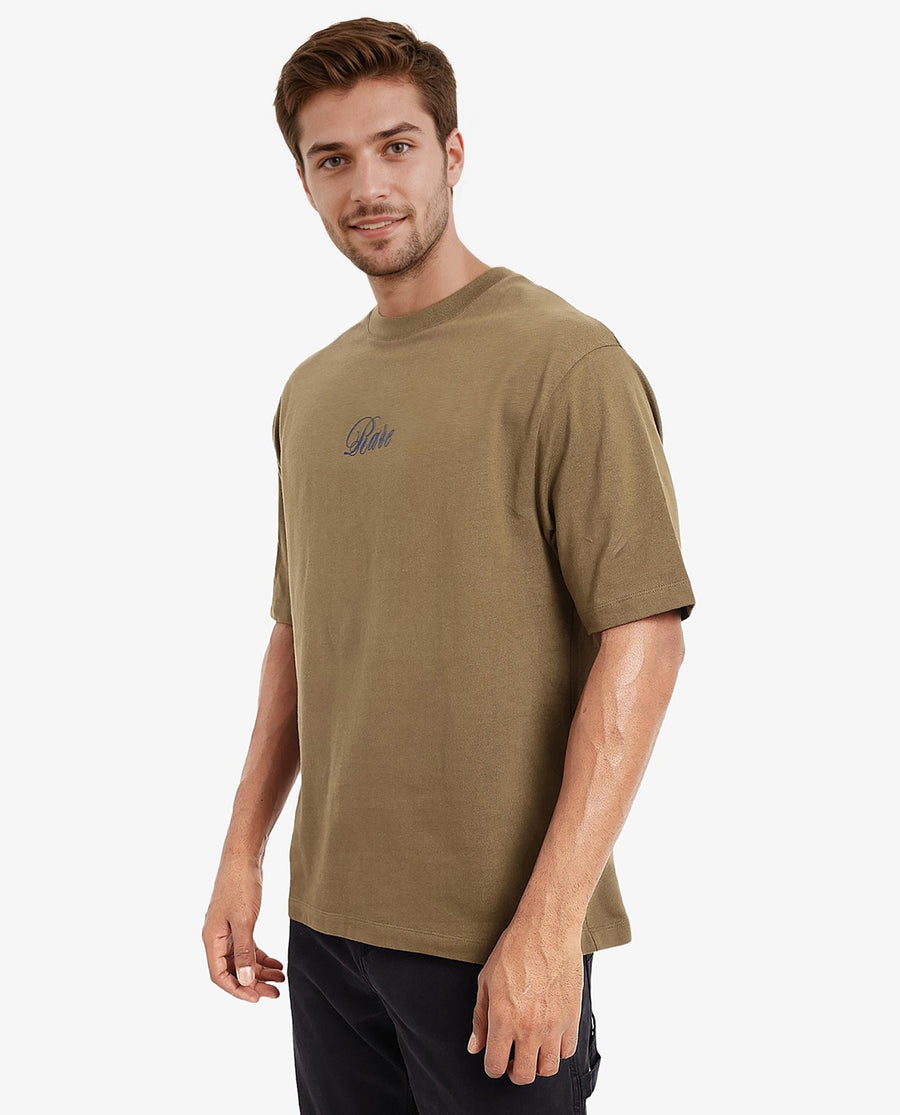 Rare Rabbit Men's Reso Olive Cotton Graphic Print Oversized Fit Half Sleeve Crew Neck T-Shirt