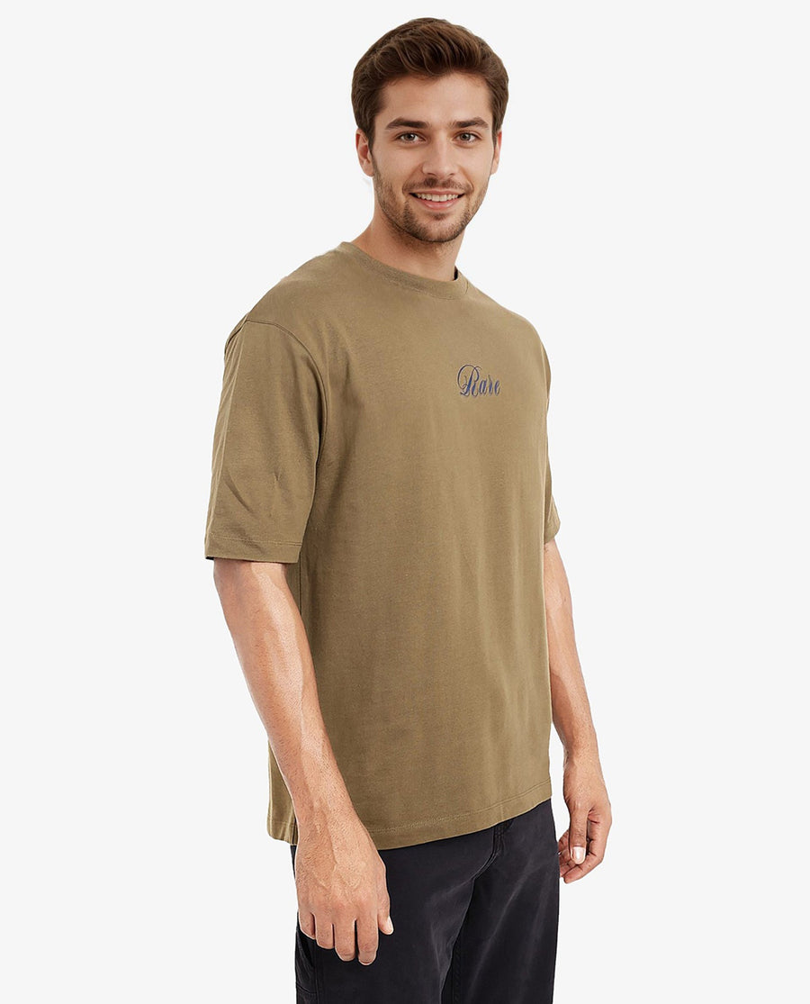 Rare Rabbit Men's Reso Olive Cotton Graphic Print Oversized Fit Half Sleeve Crew Neck T-Shirt
