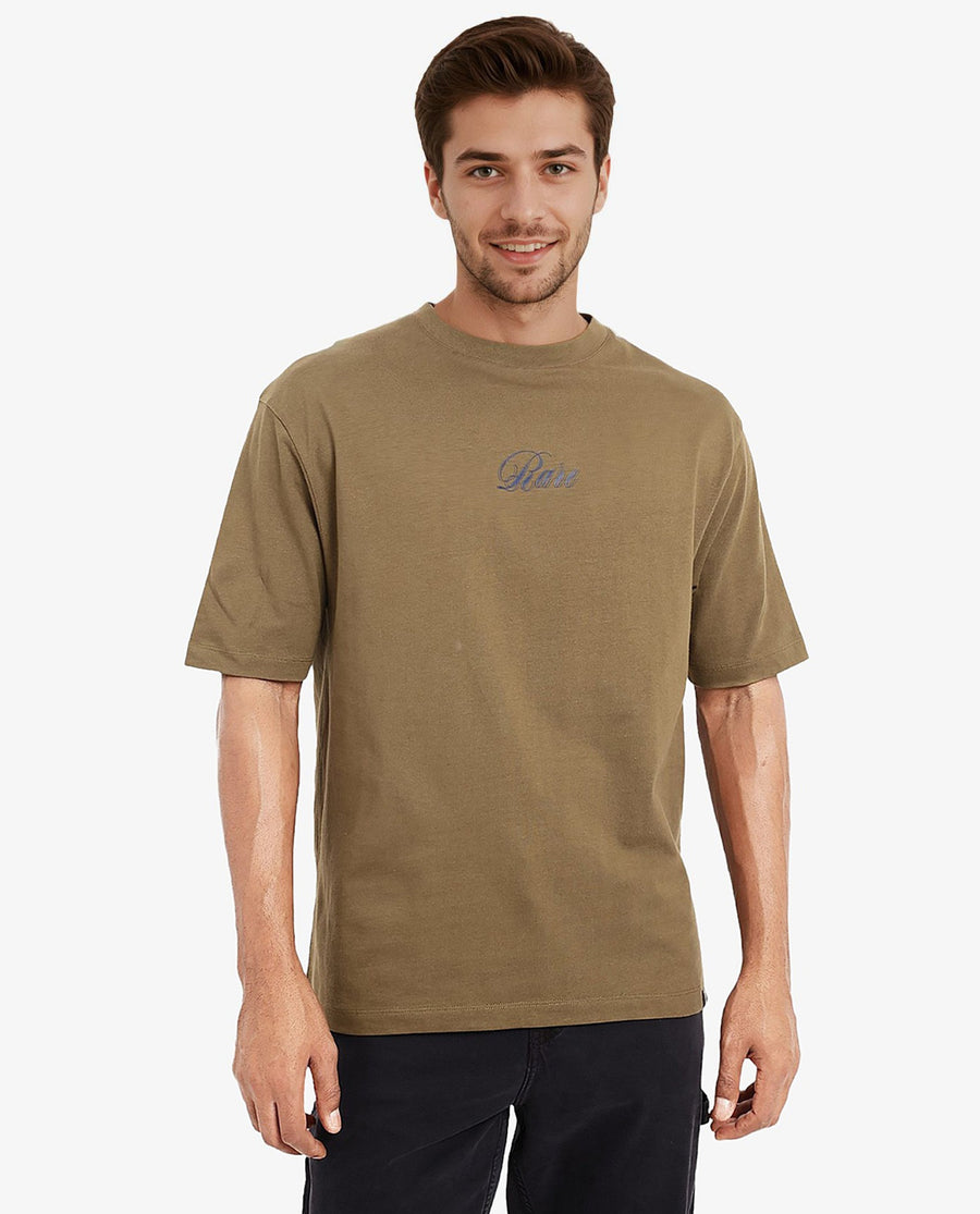 Rare Rabbit Men's Reso Olive Cotton Graphic Print Oversized Fit Half Sleeve Crew Neck T-Shirt