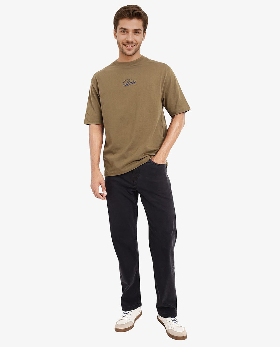 Rare Rabbit Men's Reso Olive Cotton Graphic Print Oversized Fit Half Sleeve Crew Neck T-Shirt